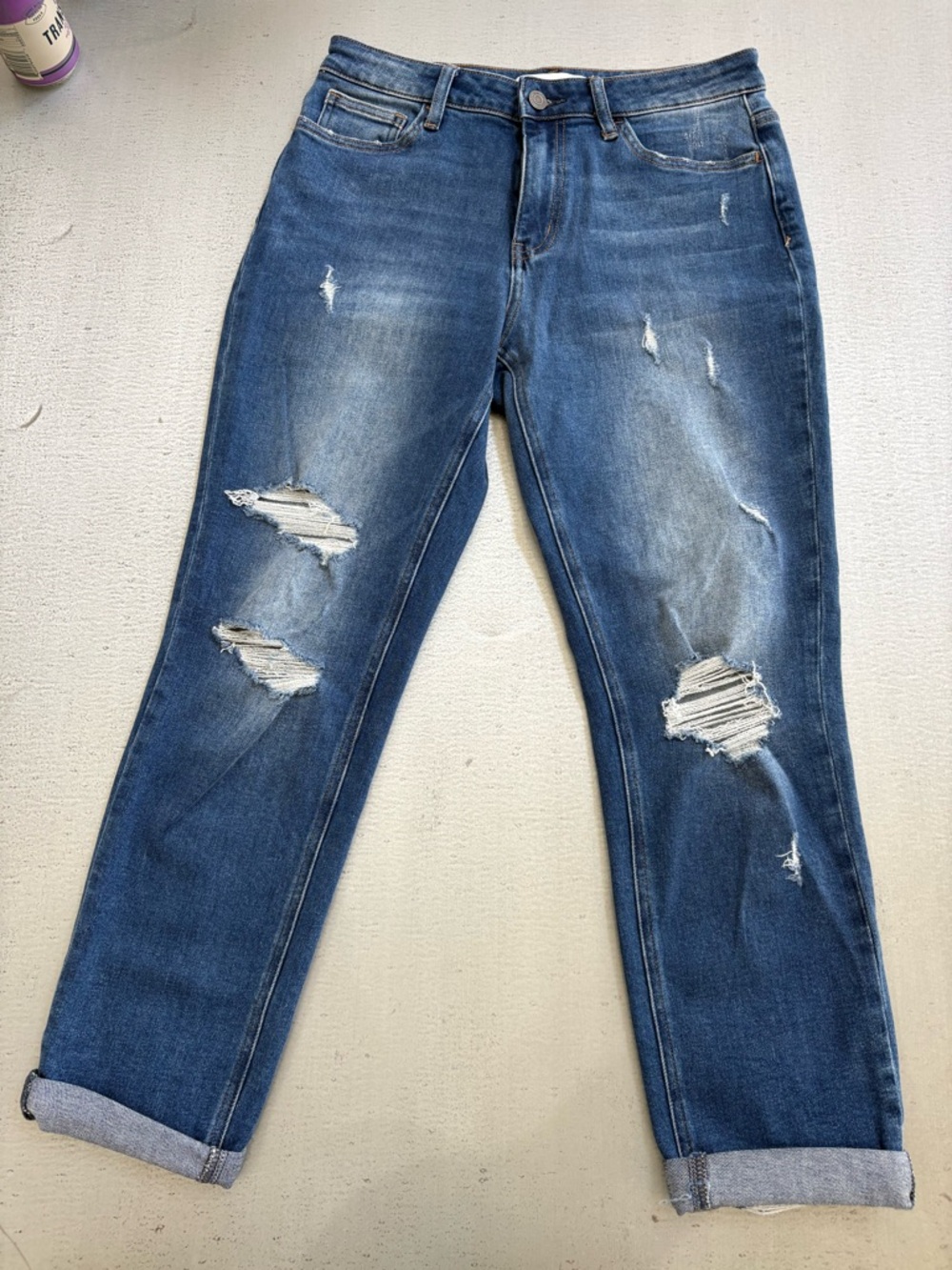 Relaxed Fit Distressed Boyfriend Jeans in Medium Blue